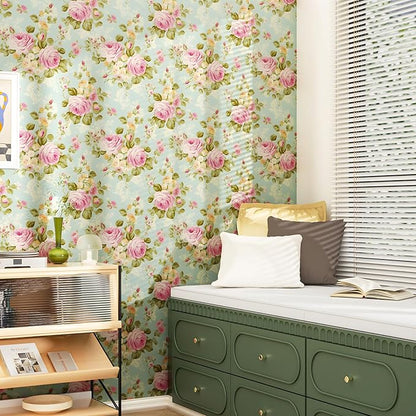 Blue Rose Wallpaper Peel and Stick Boho Wallpaper 17.5in x 9.8ft Vintage Floral Contact Paper Vinyl Self Adhesive Removable Modern Floral Wall Paper for Bedroom Shelf Liner Cabinet Decor