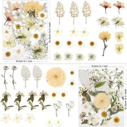 80 Pcs Dried Flowers for Crafts, Real Natural Dried Pressed Flowers in Soft Yellow, White & Pink Tones for Resin, DIY Art, Jewelry, Candle & Soap Making – Tweezers Included