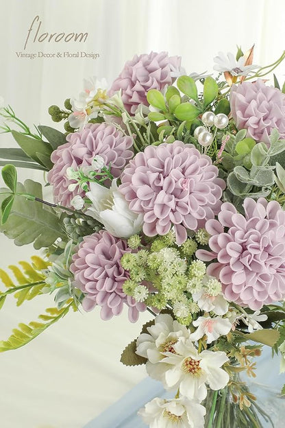 Floroom Artificial Dahlia Flowers 25pcs Real Looking Pale Lavender Foam Fake Roses with Stems for DIY Wedding Bouquets Lilac Bridal Shower Centerpieces Floral Arrangements Party Tables Home Decoration