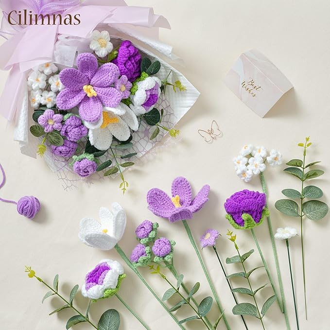 Cilimnas Crochet Flower Bouquet,Purple Knitted Flowers, Handmade Tulips Roses Bouquet for Birthday Party Mother's Day Graduation Gifts
