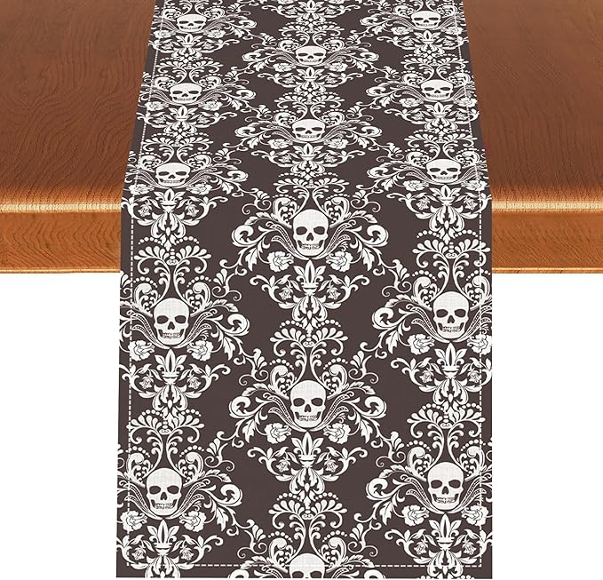 Vintage Gothic Table Runner, Retro Baroque Luxury Dark Skull Day of Death Witchy Coffee Table Center Decor for Home Kitchen Dining Patio Holiday Party Table Decorations 13x72 inches
