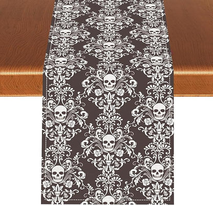 Vintage Gothic Table Runner, Retro Baroque Luxury Dark Skull Day of Death Witchy Coffee Table Center Decor for Home Kitchen Dining Patio Holiday Party Table Decorations 13x72 inches