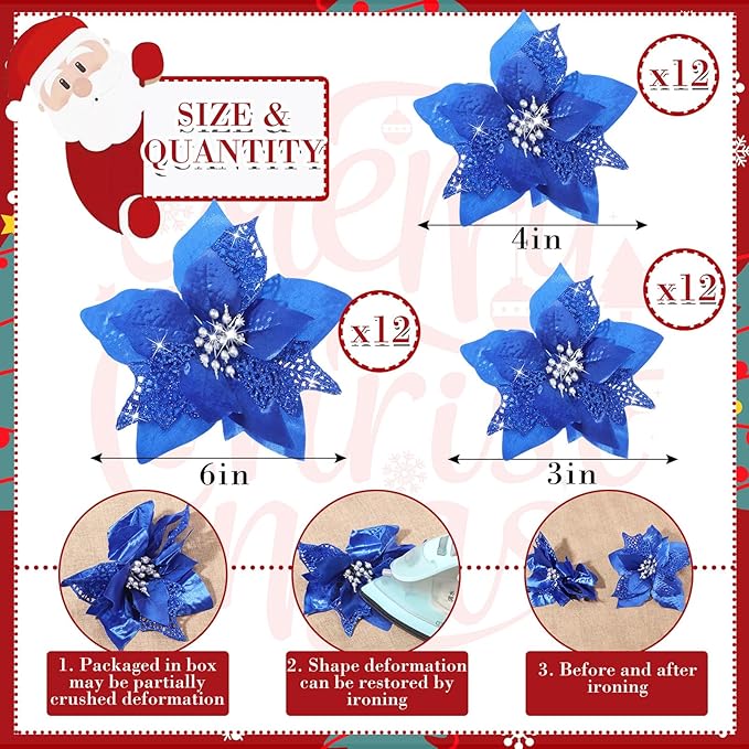WILLBOND 36 Pieces Christmas Poinsettia Glitter Faux Flowers Christmas Artificial Flowers Tree Ornaments Topper Xmas Decorations(Royal Blue)