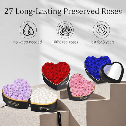27 Preserved Roses in Heart Shape Gift Box for Her - Forever Flowers for Delivery, Eternal Rose Mothers Gifts for Mom, Wife Anniversary Birthday Gifts for Women, Pink