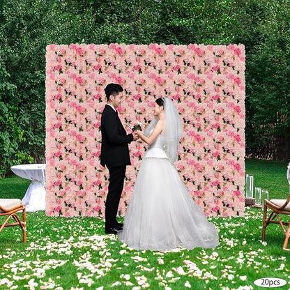 20 PCS Artificial Flower Wall Panel,Each Panel 24" x 16"3D Silk Rose Hydrangea Floral Backdrop,Handmade Eco-Friendly Flower Wall Photo Backdrop Decor (type3)
