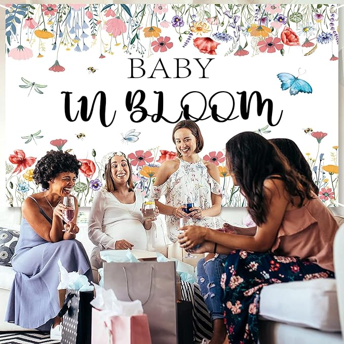 Baby in Bloom Backdrop 7x5ft, Floral Baby Shower Background for Girl, Spring Garden Theme Gender Reveal Party Decorations Banner, Wildflower Butterfly Baby Shower Photo Booth Photography