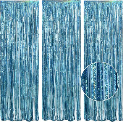TONIFUL 3Pcs Laser Light Blue Door Streamers,Laser Blue Photo Booth Backdrop Metallic Streamers Blue Foil Fringe Curtains for Birthday,Christmas,New Year,Bachelorette,Grad Party Decor(9.9ft x 6.6ft)