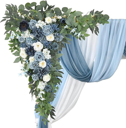 Wedding Arch Flowers Pack of 5,2pcs Large Artificial Floral Swag Arrangement and 3pcs Fabric Drap for Wedding Ceremony Arbor Reception and Backdrop Outdoor Decoration (Blue and White)