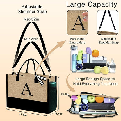 YOOLIFE Christmas Gifts for Women - Initial Jute Tote Bag & 2 Makeup Bags Personalized Gifts for Women Teacher Mom Friend