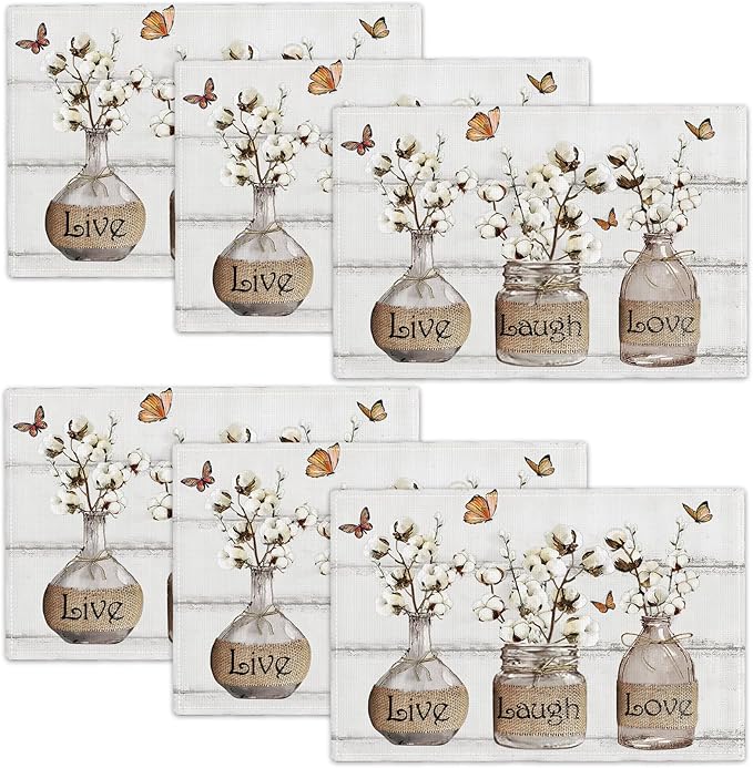 Cotton Flower Placemats Set of 6 Farmhouse Floral Table Mats Washable Place mats for Home Party Indoor Kitchen Dining Table Linen Decoration 12x18 Inch