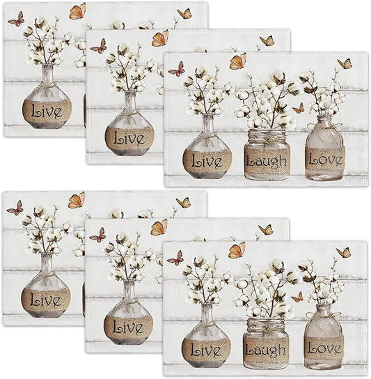 Cotton Flower Placemats Set of 6 Farmhouse Floral Table Mats Washable Place mats for Home Party Indoor Kitchen Dining Table Linen Decoration 12x18 Inch