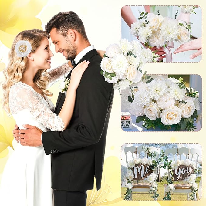 98 Pcs Assorted Faux Flowers Heads with Stem Eucalyptus Leaves Silk Artificial Flowers Bouquet Floral Table Centerpieces for DIY Wedding Party Wreath Home Decoration (White,Classic Style)