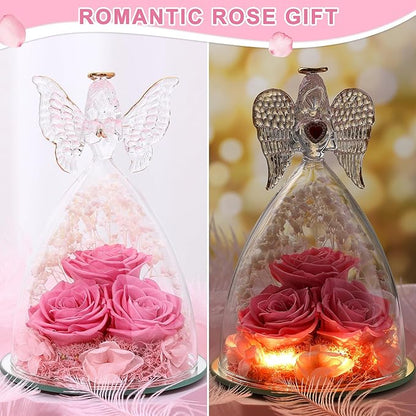 Christmas Rose Gifts for Women Preserved Real Flower in Glass Angel Figurines Roses for Delivery Prime Birthday Gifts for Mom Grandma Girlfriend Wife Her, Sweet Pink