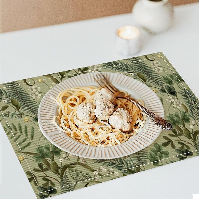Retro Plant Placemats Set of 6, 17x12 Inch Green Leaves Retro Elegant Nature Plant Aesthetic Table Mats for Home Party Kitchen Dining Decor
