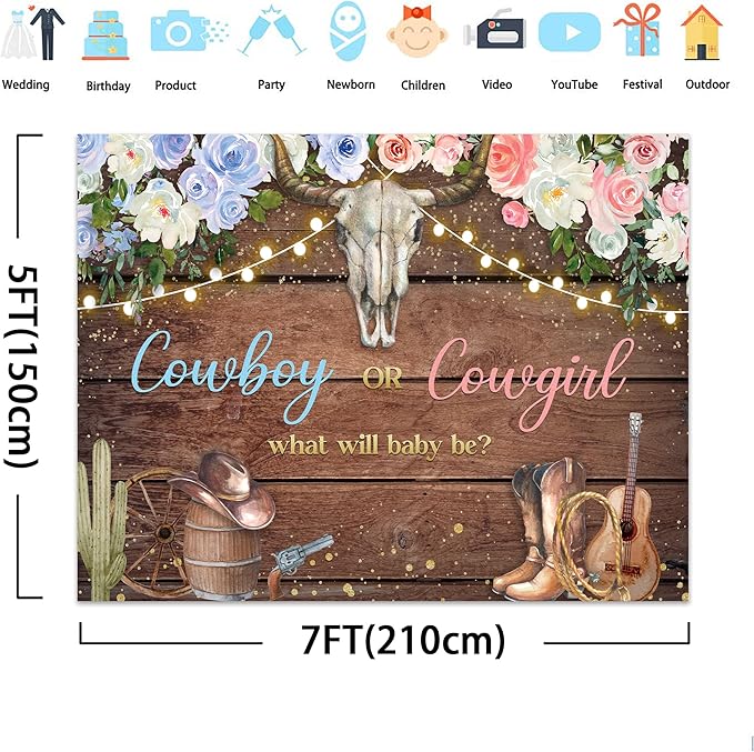 SVBright Cowboy or Cowgirl Gender Reveal Backdrop 7Wx5H Western What Will Baby Be Rustic Wooden Floral Cactus Hat Boots Country Baby Shower Decorations Photography Background Banner Photo Booth Studio