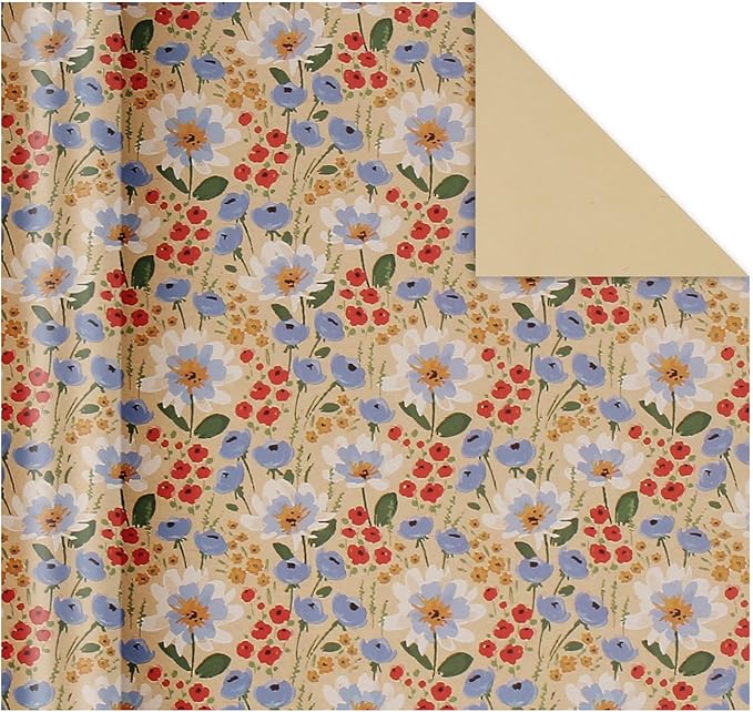 Aimyoo Watercolor Floral Kraft Wrapping Paper Roll, All Occasion Vintage Flower Gift Wrap for Wedding Birthday Bridal Shower, 17 inch x 60 ft