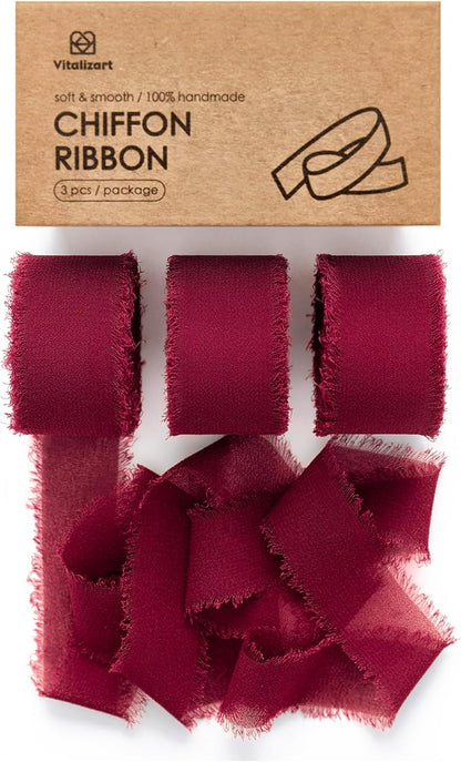 Vitalizart Burgundy Red Chiffon Silk Ribbon 1" x 21 Yd Fringe Fabric Package (3 Rolls * 7 Yd) for Wedding Invitations Bridal Bouquets Decorations Gifts Wrapping & Bow Making