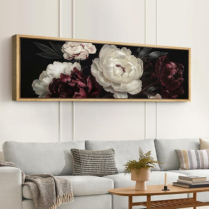 SIGNFORD Large Framed Canvas Print Wall Art Vintage Peonies Classic Floral Painting in Deep Tones Illustrations Modern Art Relax/Calm Warm for Living Room, Bedroom, Office - 60"x20"