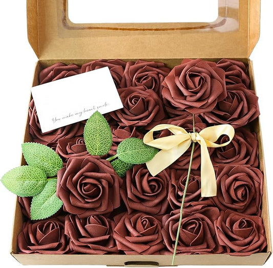 Meldel Artificial Flower 25pcs Real Touch Amber Fake Foam Roses with Stems for DIY Wedding Bouquets Gifts Bridal Shower Faux Floral Centerpieces Arrangements Home Party Tables Decorations