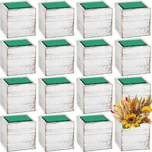 Dandat 18 Sets Wooden Cube Planter Boxes for Centerpiece 4 Inch Flower White Wood Rustic Square Vase with Removable Plastic Liner Floral Foam Block for Garden Wedding Christmas Home Arrangement Decor
