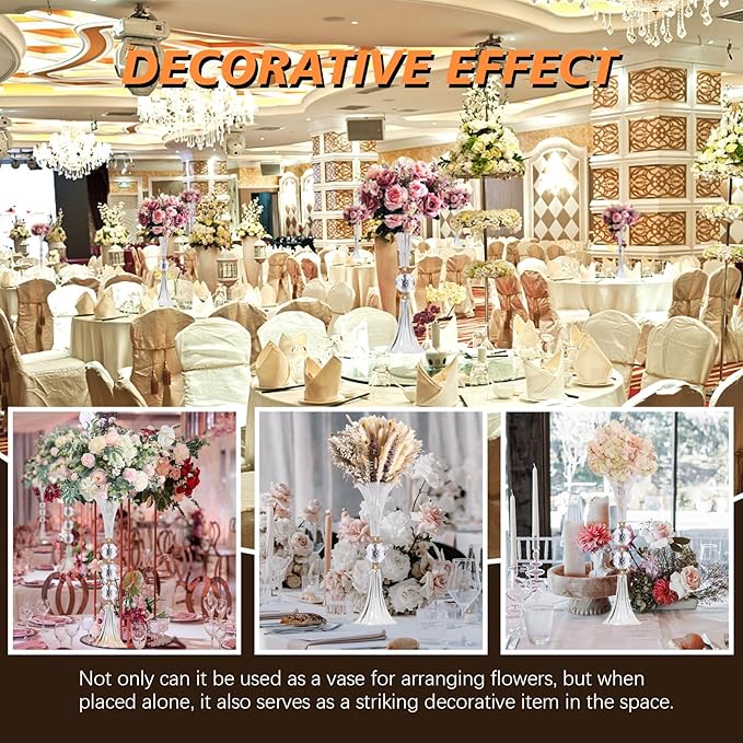VIJIV Crystal Acrylic Trumpet Vase for Wedding Centerpieces & Home Decor - 24.8" Clear Flower Stand with Ribbed Texture, Gold Accents, Table/Floor Vase for Events, Bridal Showers & Boho Weddings