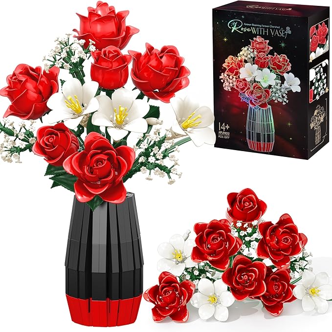 Roses Flower Bouquet Building Blocks Set with Vase, Women Men Teen Girls Gifts for Christmas, 1077PCS Botanical Collection Artificial Flowers Birthday Gifts for Her Him Wife Husband Mom Grandma Adults