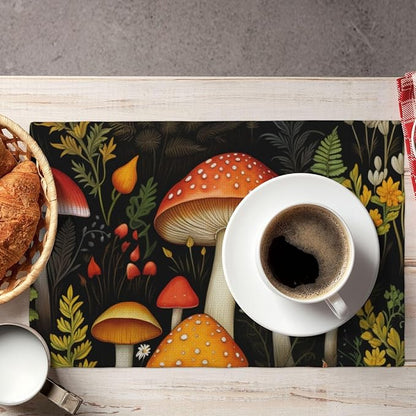 Placemats 4 pcs Mushroom Double-Layer Imitation Linen Place Mats Non-Slip Heat-Resistant Tablemats for Home Restaurant Hotel 18×12 Inch