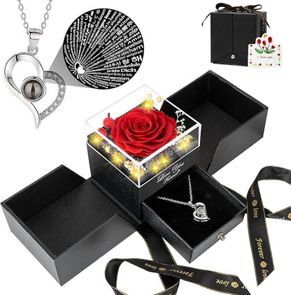 Preserved Red Real Rose -Eternal Flowers Rose Gifts for Mom Grandma Wife Girlfriend on Various Festivals Gifts for Her Christmas Birthday Anniversary with I Love You Necklace
