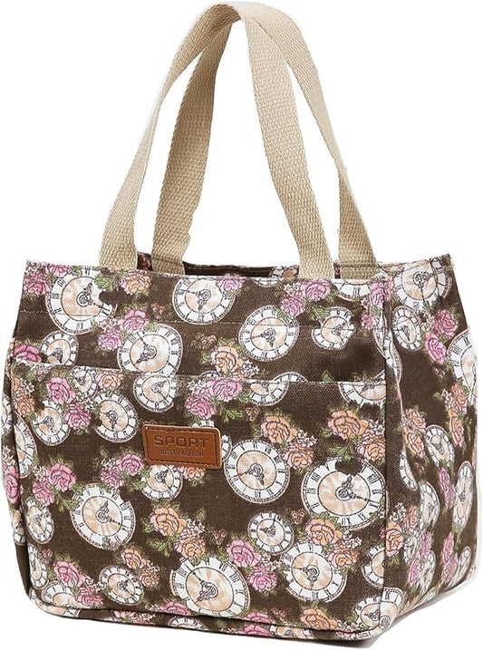 Dreubea Women's Floral Print Canvas Tote Bag - Small Reusable Shopping Handbag for Groceries, Takeout, Eco-Friendly Purse