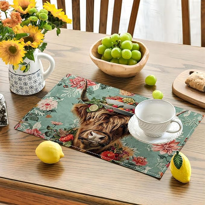 Highland Cow Placemats Set of 4 Farmhouse Flower Cattle Fruits Placemats Funny Animal Table Mats Wildlife Farmhouse Cow Place Mats for Party Kitchen Dining Decoration 4 PCS