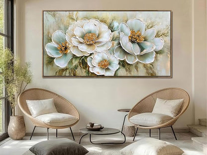 Arjun Framed Canvas Wall Art for Bedroom, Large Wood Frame Vintage Flower Painting Living Room Textured Artwork Gold Picture Bloosom Dining Room Kitchen Home Office Wall Decor, 48"x24"