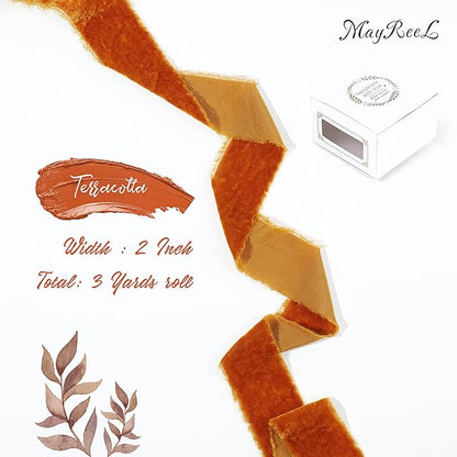 MAYREEL Terracotta Velvet Ribbon 2 Inch Hand Torn Burnt Orange Silk Frayed Edge Ribbon for Thanksgiving Bridal Bouquets Invitations Wedding Vow Books Gift Baskets 3 Yards