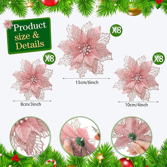Geosar 24 Pieces Christmas Glitter Poinsettia Flowers Layered Artificial Xmas Flowers Wedding Christmas Tree New Year Ornaments 3/4/6 Inch(Rose Gold)