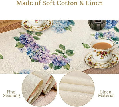 Blue Floral Table Runner, Spring Summer Watercolor Hydrangea Flower Butterfly Country Farmhouse Coffee Table Center Decor for Home Kitchen Dining Patio Holiday Party Table Decorations 13x90 inches