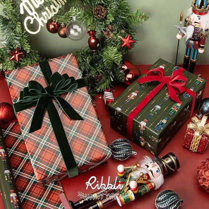 Ribbli Dark Green Velvet Ribbon 1 Inches Continuous10 Yard Spool Red Christmas Ribbon for Gift Wrapping Crafts Home Decor
