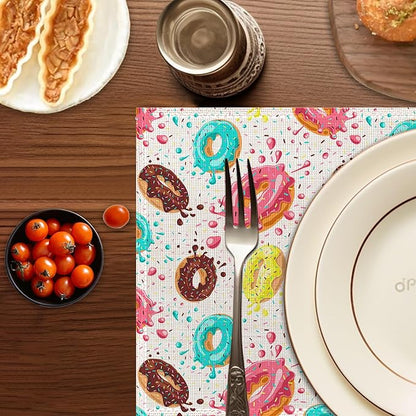 Doughnut Placemats Set of 6,Washable Heat Resistant 12×18 Inch Linen Table Mats Cute Place Mats for Party Outdoor Dining Décor