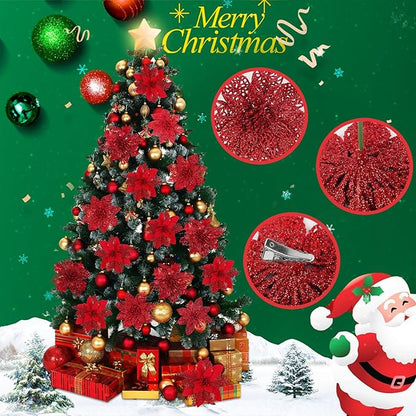 RECUTMS 66 Pcs 3 Styles Red Christmas Ornaments Christmas Glitter Poinsettia Flowers Artificial Christmas Tree Flower Decorations Wedding Wreath Floral Decorations (Red)