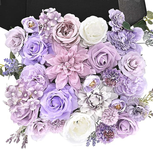 Artificial Flowers Combo Box, Fake Silk Foam Flower Mix with Wire Stem, DIY Wedding Bridal Bouquet Shower Party Home Décor (30-40 Pieces) (Purple)