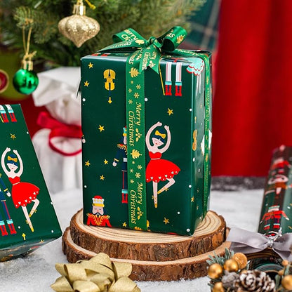 MAYPLUSS Christmas Wrapping Paper Roll - 17 Inch X 33 Feet - Vintage Metallic Foil Green and Gold Nutcracker Ballet Holiday Present Gift Wrap Paper for Christmas, Party, Winter Festive Celebrations