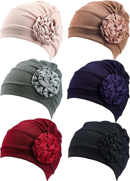 6 Pieces Women Turban Flower Caps Elastic Beanie Headscarf Vintage Headwrap Hats