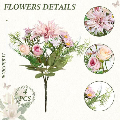 4PCS Artificial Flowers Dahlia Bouquet Fake Flowers Purple Silk Roses Daisies Faux Floral Arrangements for Dining Table Centerpieces for Kitchen Bridal Bouquet Wedding Party Home Decor