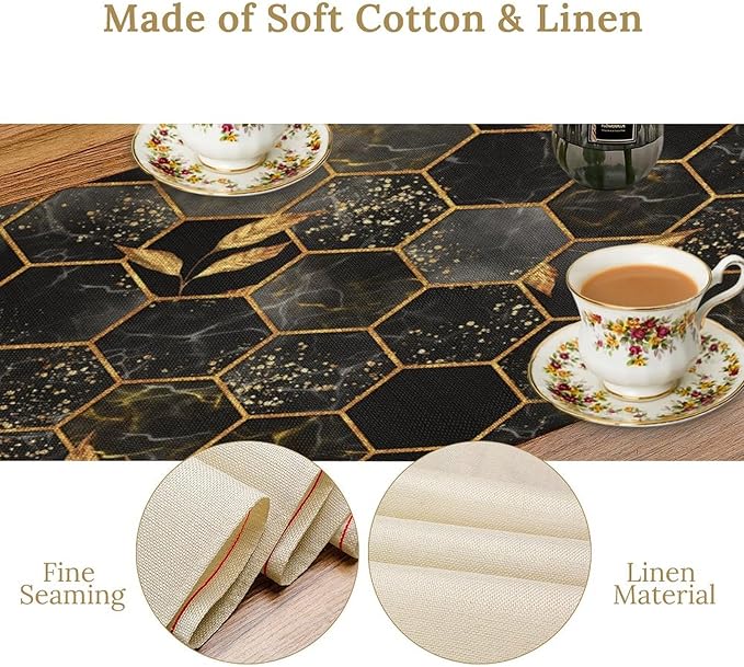 Black Grey Marble Table Runner Marble Hexagon Texture Golden Leaves Abstract Seasonal Dinner Runner Table Decoration for Farmhouse Home Kitchen Dining Holiday Party 13x70in