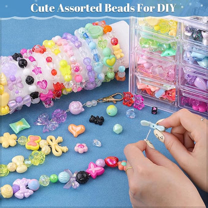 Assorted 500-550PCS 8 Mixed Colors Acrylic Beads for Bracelet Making, Flower Bow Butterfly GummyBear Aesthetic Bracelet Bead,Cute Beads for Jewelry Making DIY Necklace Keychain Phone Charm