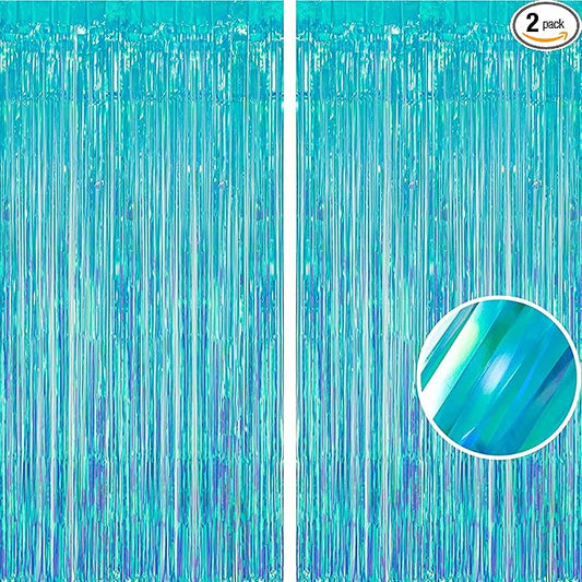 BRAVESHINE Iridescent Blue Foil Fringe Backdrop - 2 Pack 3.2x6.5 ft Holographic Tinsel Streamers Curtains for Christmas/Frozen/Winter’s Snowflake/Birthdays/Mermaid/Sea/Baby Party Decorations