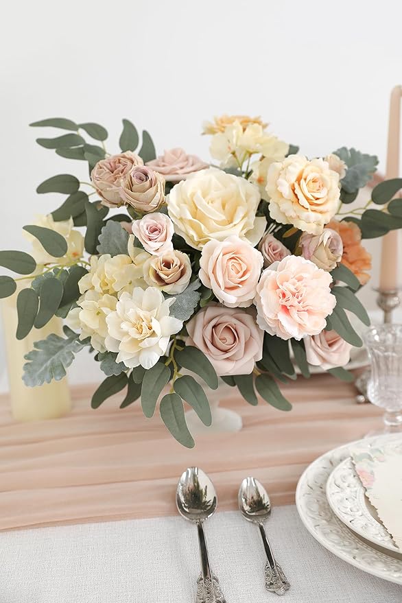 Artificial Flowers Combo Box Set Champagne Fake Roses Silk Flowers with Stems for DIY Wedding Bridal Bouquets,Floral Arrangement,Table Centerpieces,Baby Shower,Home Decorations
