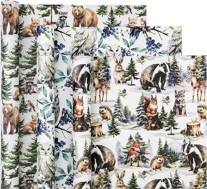 WRAPAHOLIC Kraft Christmas Wrapping Paper Roll - Mini Roll - 3 Rolls - 17 Inch x 120 Inch Per Roll - White Wild Animals Winterfall Watercolor Holiday Collection