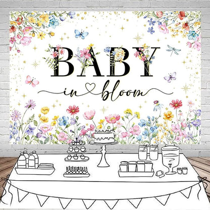 Mocsicka Wildflower Backdrop Baby in Bloom Floral Baby Shower Decorations Girls Butterfly Golden Dot A Little Wildflower is On The Way Decorations for Baby Shower Background Banner