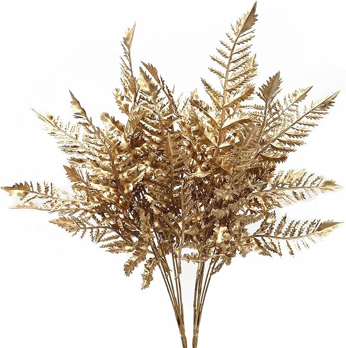 PASYOU Artificial Plants, Golden Fake Flowers Decoration for Christmas Plastic Boston Grass Faux DIY Crafts Indoor Outdoor Home Décor Garden Party Room Bedroom Wedding Table Centerpiece, Gold 2 Pack