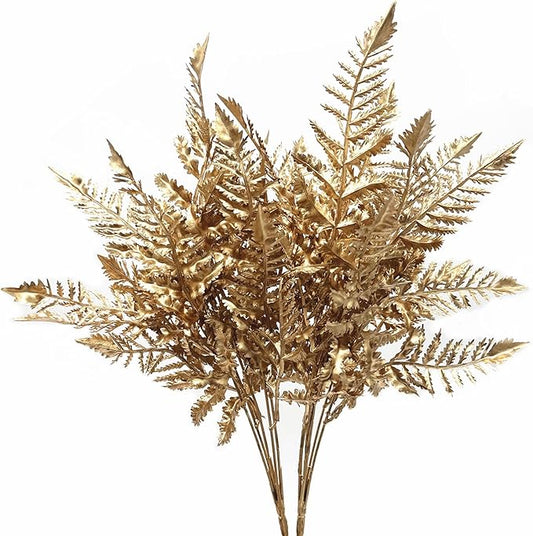 PASYOU Artificial Plants, Golden Fake Flowers Decoration for Christmas Plastic Boston Grass Faux DIY Crafts Indoor Outdoor Home Décor Garden Party Room Bedroom Wedding Table Centerpiece, Gold 2 Pack