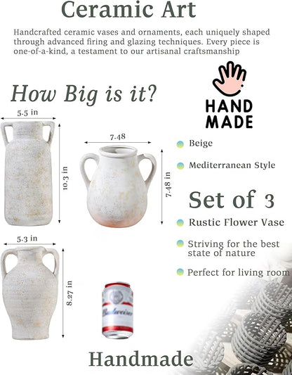 Beige Ceramic Vase Set of 3, Handmade Rustic Farmhouse Vases with Handles, Glazed Interior, Aged Eroded Texture Finish, Boho Home Decor for Table, Shelf, Mantel, Flower Arrangement